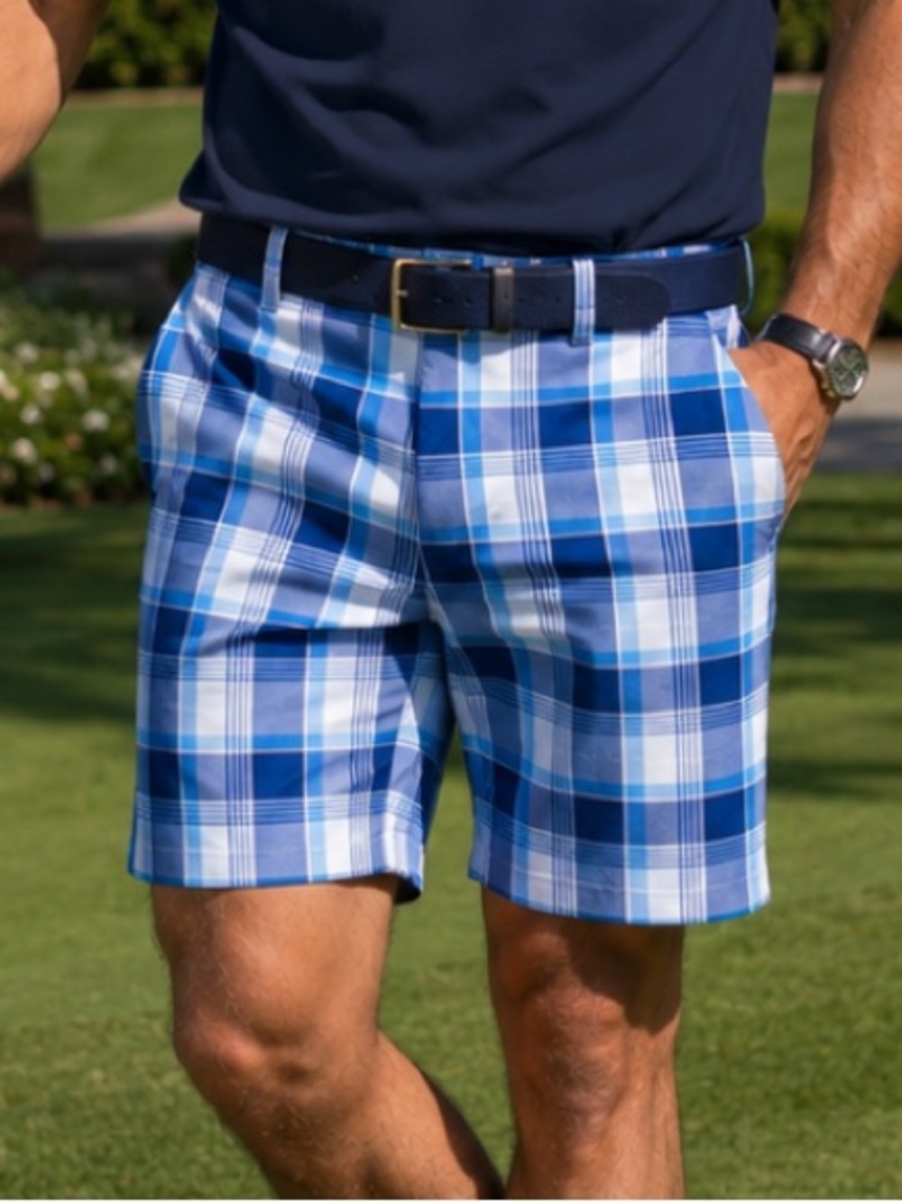 Peter Millar Crown Sport Golf Blue Plaid Men's Shorts Country Club Preppy Yacht